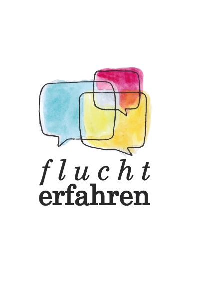 Drei unterschiedlich gefärbte Sprechblasen die sich überlappen. Darunter flucht in kursiv, erfahren fett