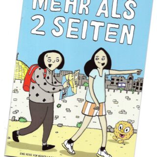 Titelbild des Comics "Mehr als 2 Seiten" mit Heba und Narges, die mti einer Karte navigieren, im Hintergrund Jerusalem